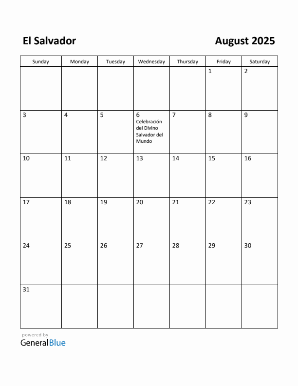 August 2025 Calendar with El Salvador Holidays