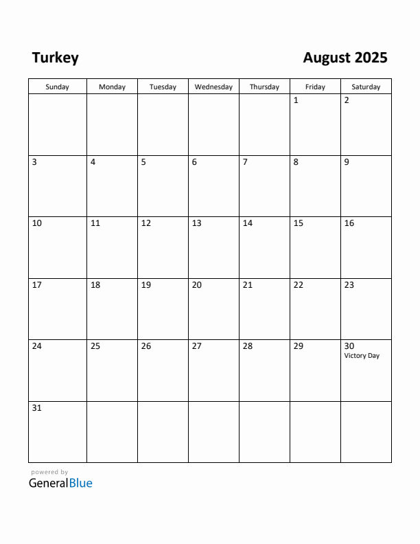 August 2025 Calendar with Turkey Holidays