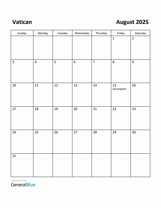 August 2025 Calendar with Vatican Holidays