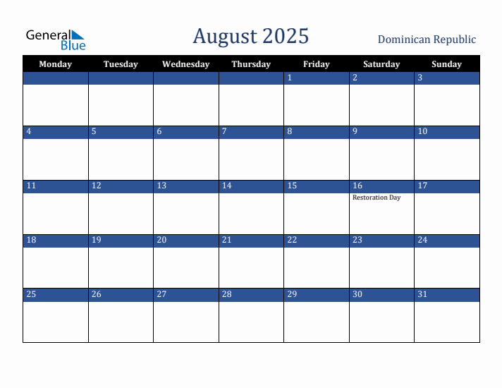 August 2025 Dominican Republic Calendar (Monday Start)