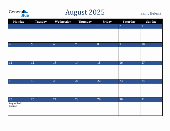 August 2025 Saint Helena Calendar (Monday Start)