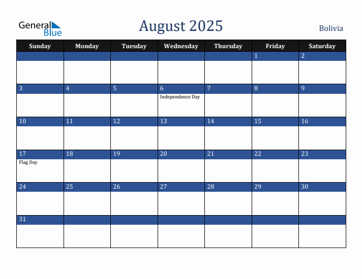 August 2025 Bolivia Calendar (Sunday Start)