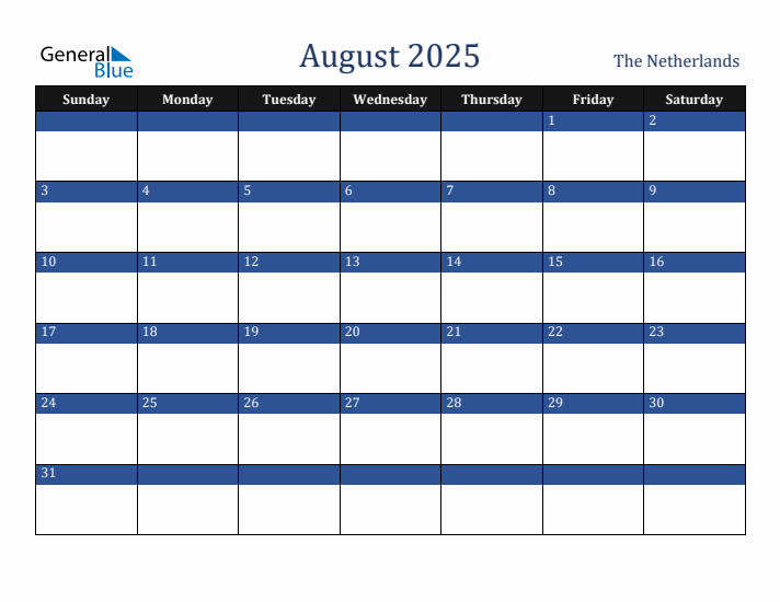 August 2025 The Netherlands Calendar (Sunday Start)