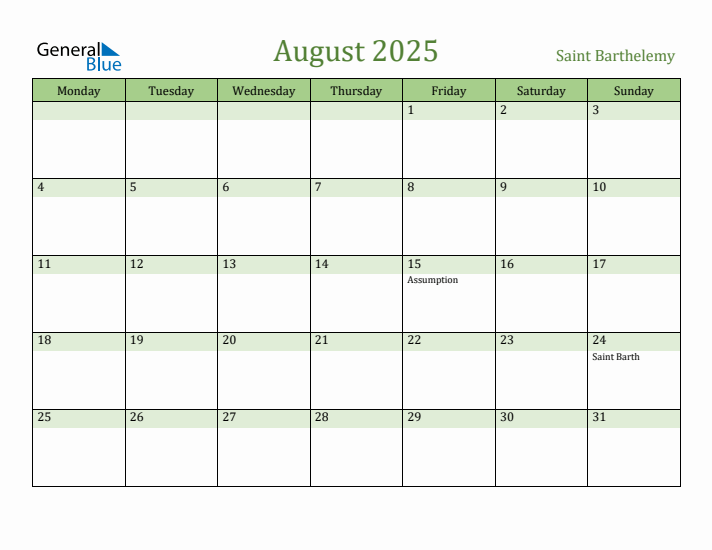 August 2025 Calendar with Saint Barthelemy Holidays