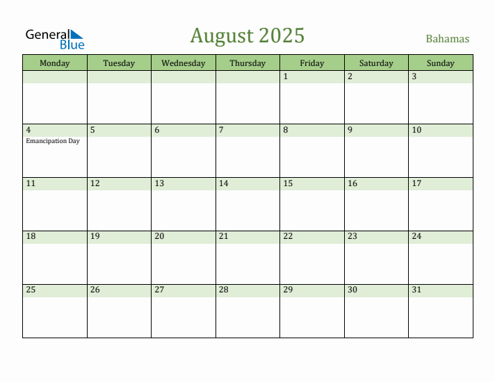 August 2025 Calendar with Bahamas Holidays