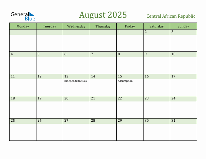 August 2025 Calendar with Central African Republic Holidays