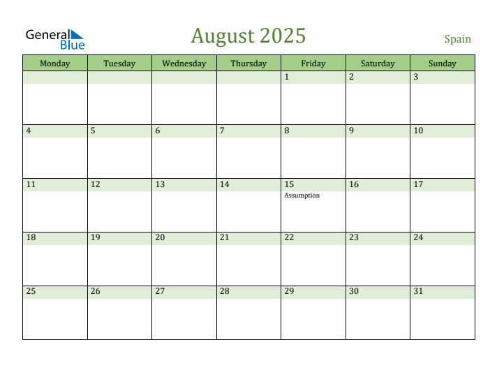 August 2025 Calendar with Spain Holidays