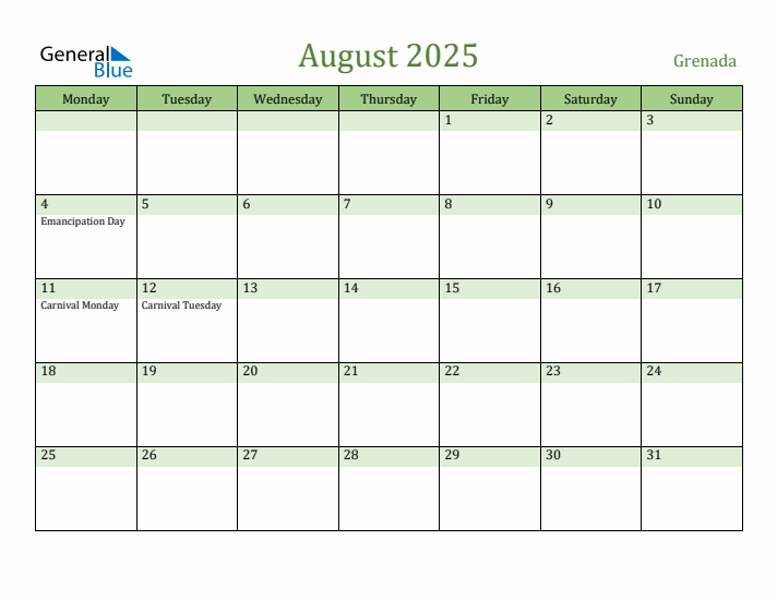 August 2025 Calendar with Grenada Holidays