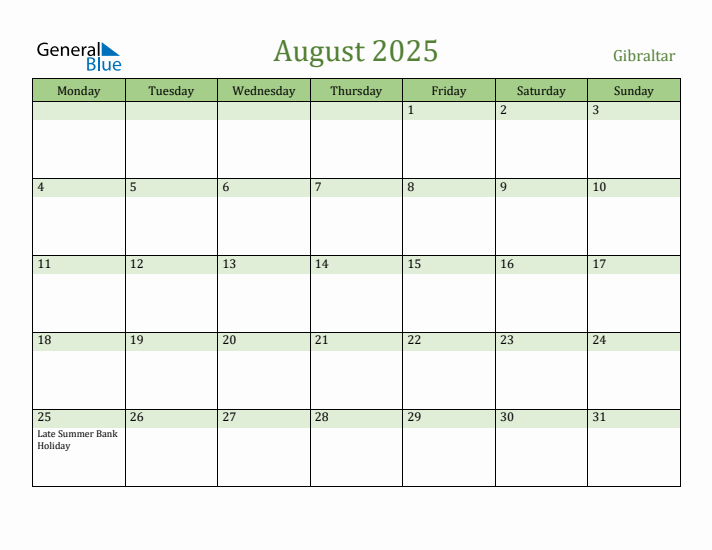 August 2025 Calendar with Gibraltar Holidays