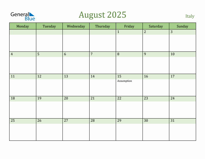 August 2025 Calendar with Italy Holidays