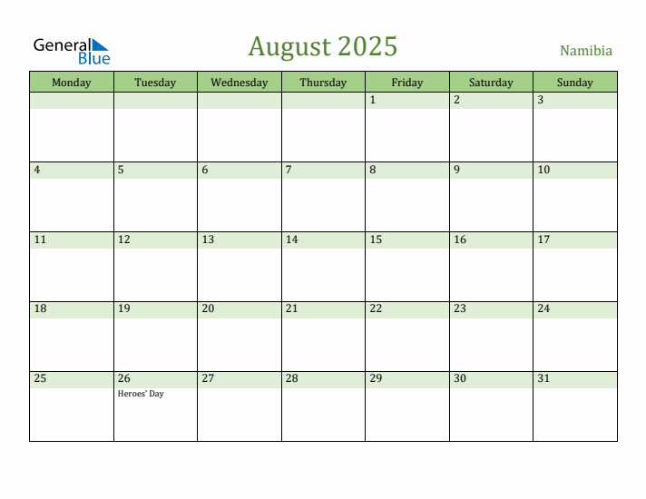 August 2025 Calendar with Namibia Holidays