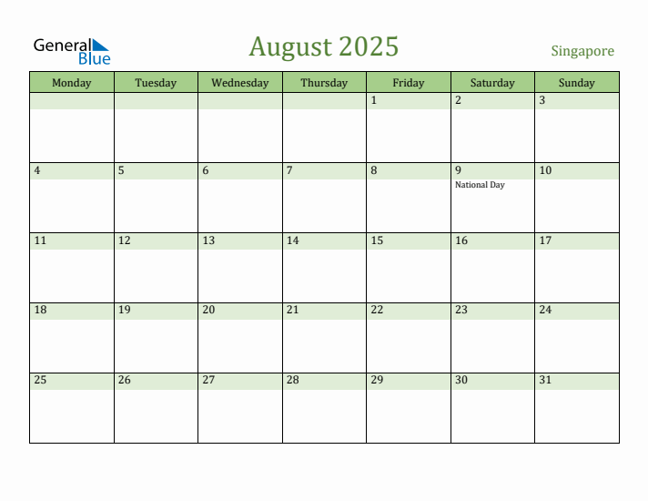 August 2025 Calendar with Singapore Holidays