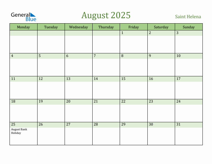 August 2025 Calendar with Saint Helena Holidays