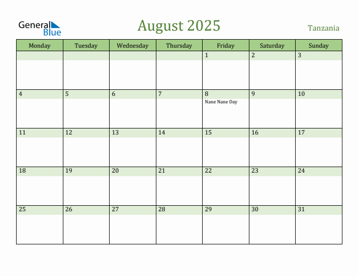 August 2025 Calendar with Tanzania Holidays