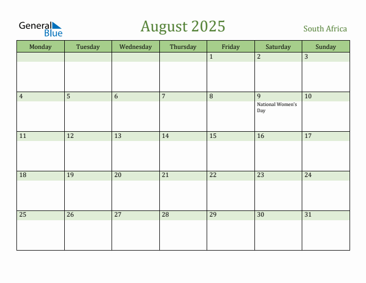 August 2025 Calendar with South Africa Holidays