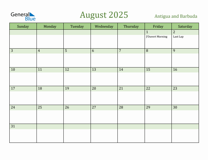 August 2025 Calendar with Antigua and Barbuda Holidays