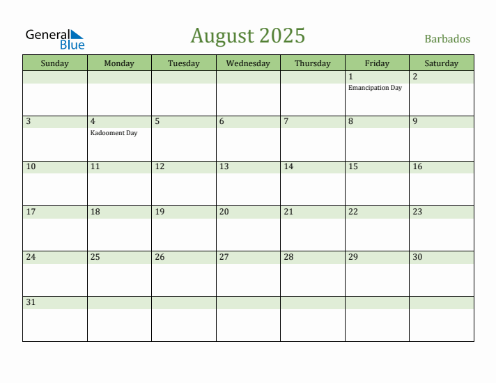 August 2025 Calendar with Barbados Holidays