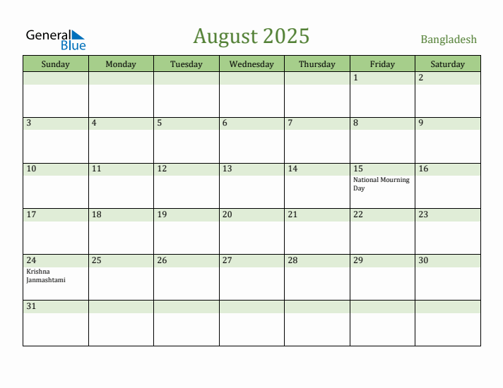 August 2025 Calendar with Bangladesh Holidays