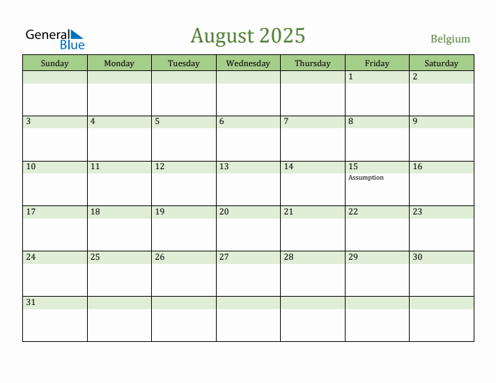 August 2025 Calendar with Belgium Holidays