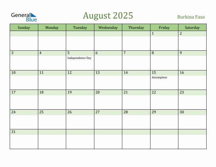 August 2025 Calendar with Burkina Faso Holidays