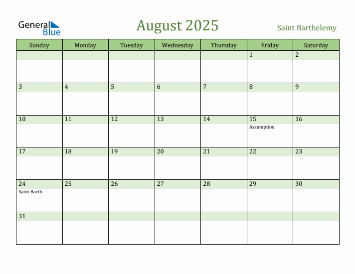 August 2025 Calendar with Saint Barthelemy Holidays