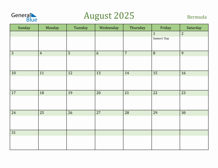 August 2025 Calendar with Bermuda Holidays