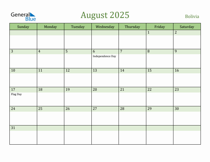 August 2025 Calendar with Bolivia Holidays