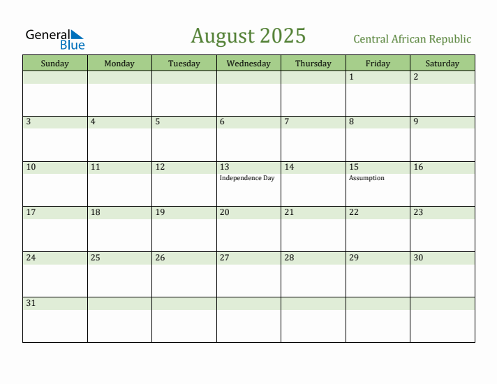 August 2025 Calendar with Central African Republic Holidays