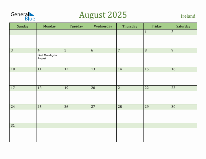 August 2025 Calendar with Ireland Holidays