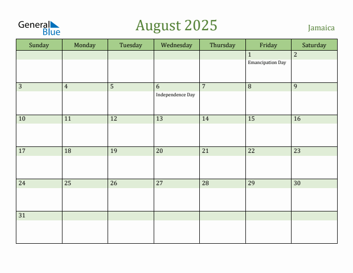 August 2025 Calendar with Jamaica Holidays