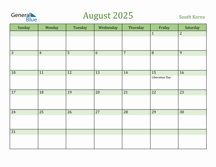 August 2025 Calendar with South Korea Holidays