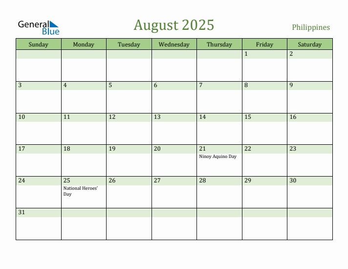 August 2025 Calendar with Philippines Holidays