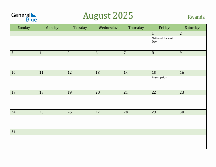 August 2025 Calendar with Rwanda Holidays