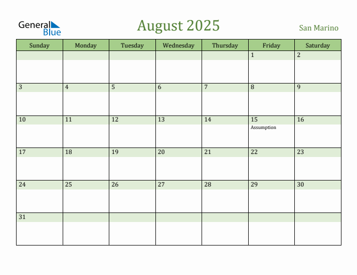 August 2025 Calendar with San Marino Holidays