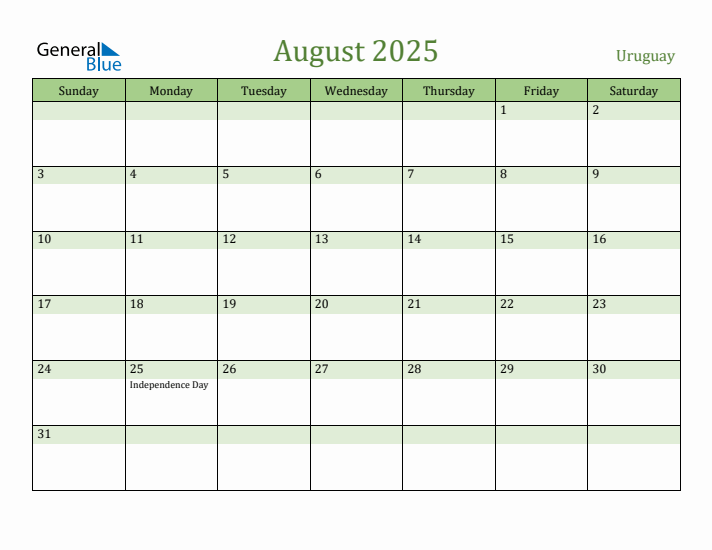 August 2025 Calendar with Uruguay Holidays