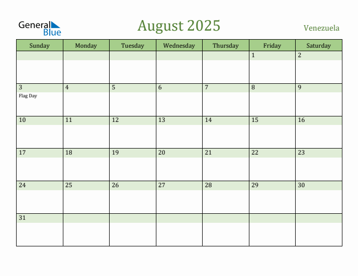 August 2025 Calendar with Venezuela Holidays