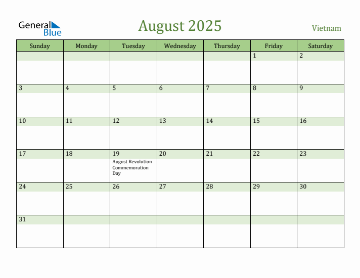 August 2025 Calendar with Vietnam Holidays