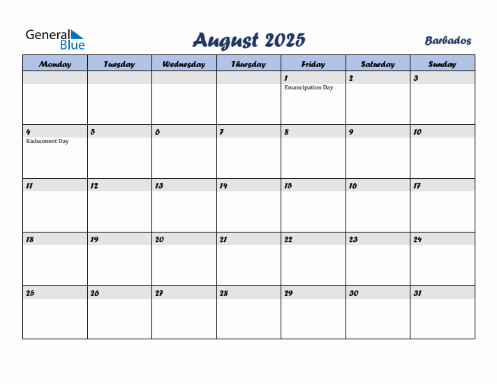 August 2025 Calendar with Holidays in Barbados