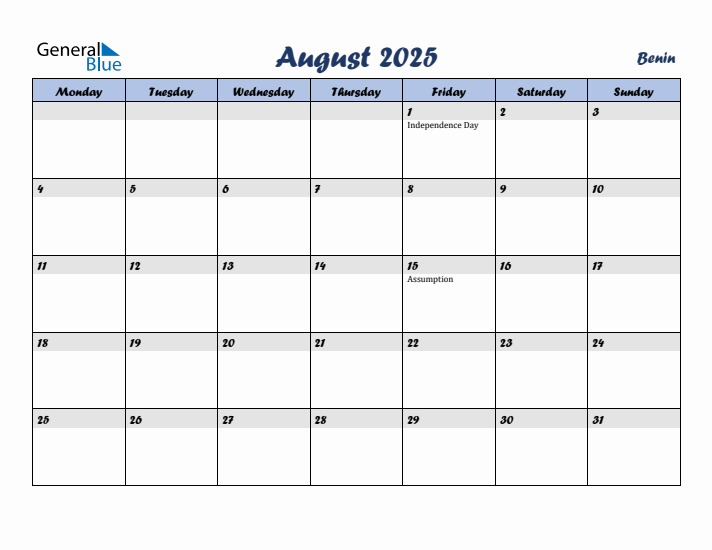 August 2025 Calendar with Holidays in Benin