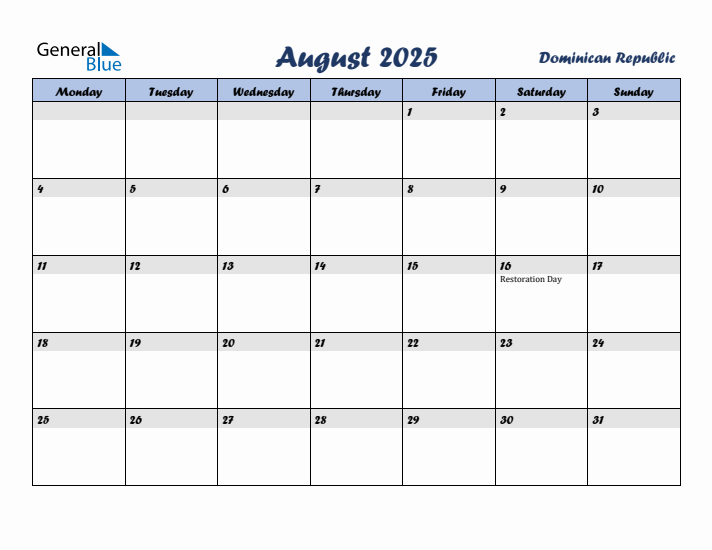 August 2025 Calendar with Holidays in Dominican Republic