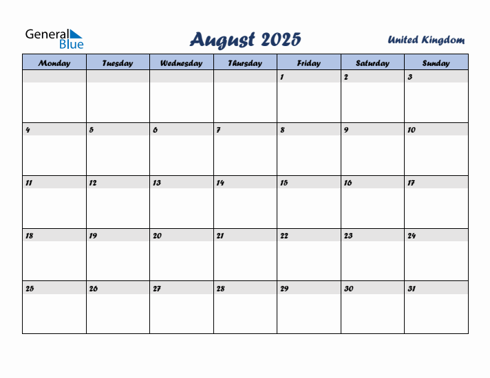 August 2025 Calendar with Holidays in United Kingdom