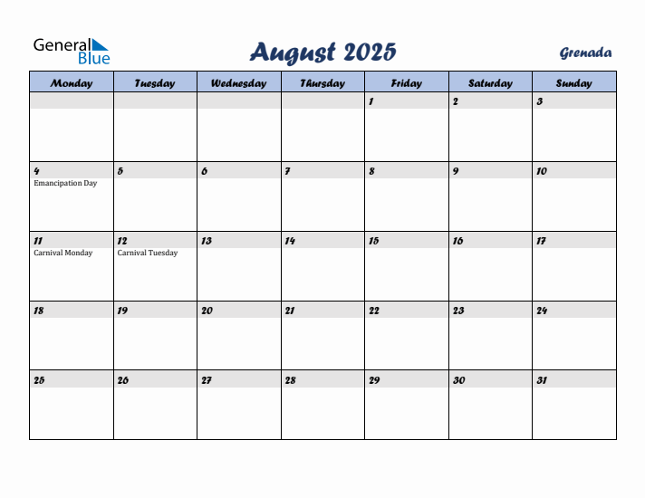 August 2025 Calendar with Holidays in Grenada