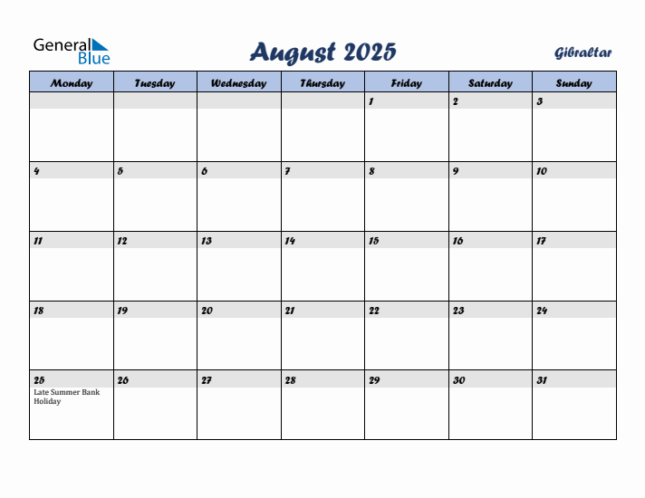 August 2025 Calendar with Holidays in Gibraltar