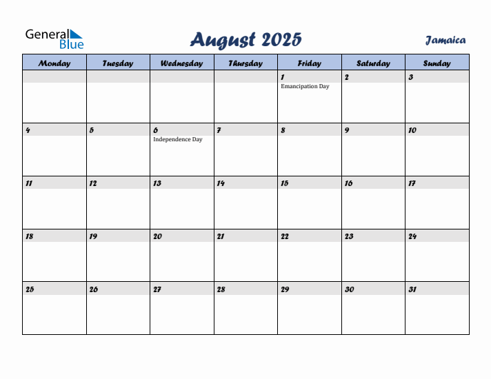 August 2025 Calendar with Holidays in Jamaica