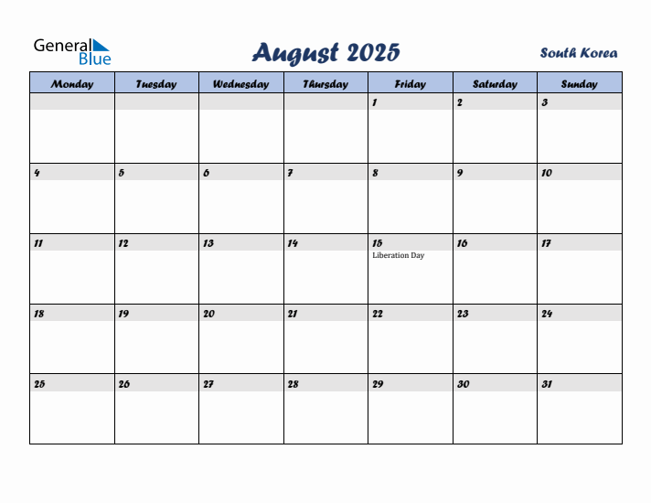 August 2025 Calendar with Holidays in South Korea