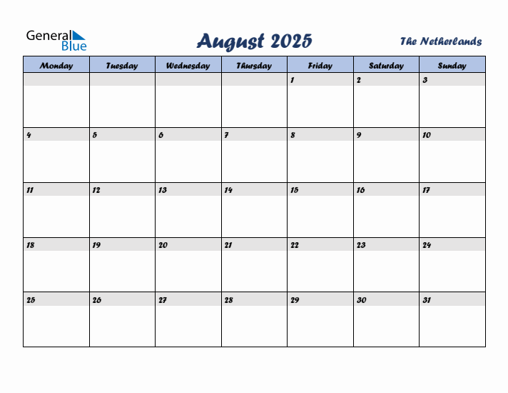 August 2025 Calendar with Holidays in The Netherlands