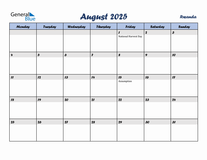 August 2025 Calendar with Holidays in Rwanda