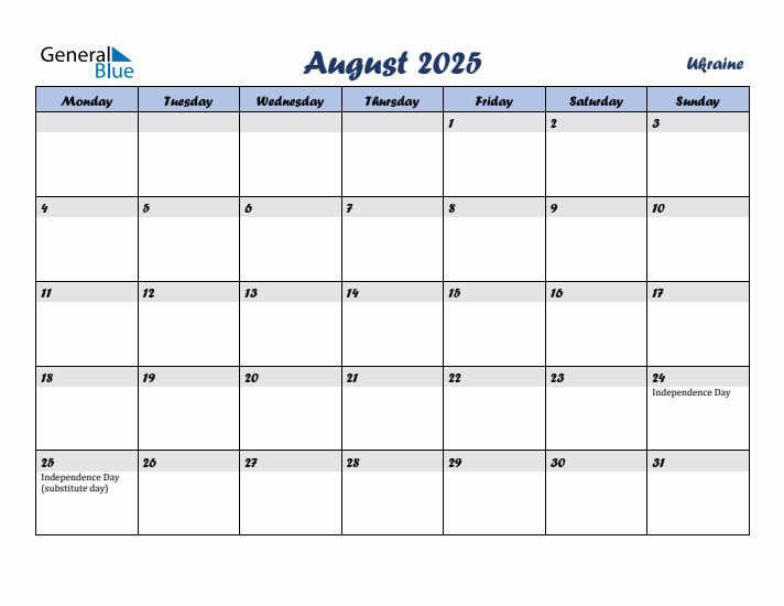 August 2025 Calendar with Holidays in Ukraine