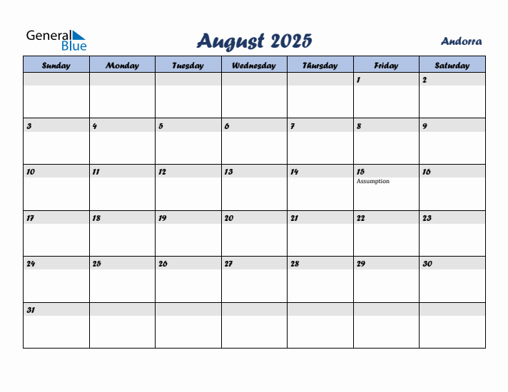 August 2025 Calendar with Holidays in Andorra