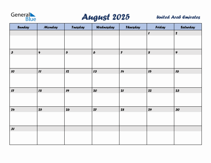 August 2025 Calendar with Holidays in United Arab Emirates